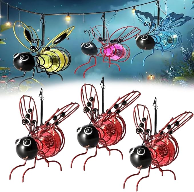 2025 New Solar Bees Lights Outdoor, Solars Bee Simulation Lights, Hanging Bee Solar Garden Light, Waterproof Bumble Bees Solar Light for Party Festivals Garden Decor Birthday Gifts (3PC-Red)