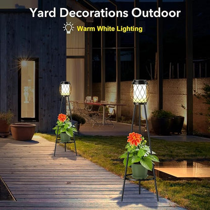 MXwcy Solar Lights Outdoor with Plant Stands 2 Pack, Solar Floor Lamp Metal Tripod Patio Lights for Garden Yard Pathway Driveway Front/Back Porch Decoration