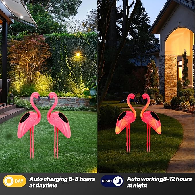 Solar Flamingo Lights 2 Pcs, Home Flamingo Ornament Light, Outdoor Decor Light for Lawns, Patios, Backyards, Pathways, Garden, Flamingo Decorations for Wedding, Christmas, Valentine, Gift for Women