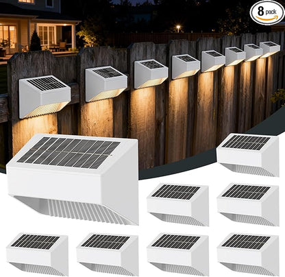 Outdoor Solar Lights, Warm White Decorative Solar Fence Lights, for Gardens, Swimming Pools, Decks, Fences, Patios, Front Doors, Stairs, Landscapes, Courtyards, and Driveway Paths, Pack of 8