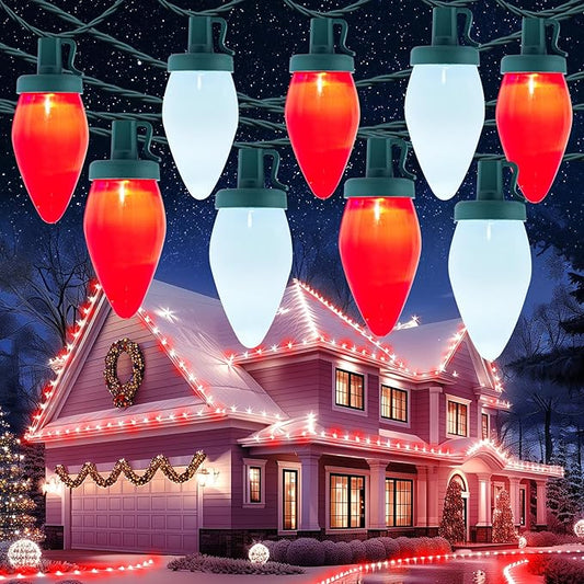 Moonflor C9 LED Christmas Lights Outdoor, 100ft Feet 100 LED Strawberry String Lights with 50 Spring Clamps, Waterproof Commercial Grade Extendable for Indoor Outdoor,Red and Pure White