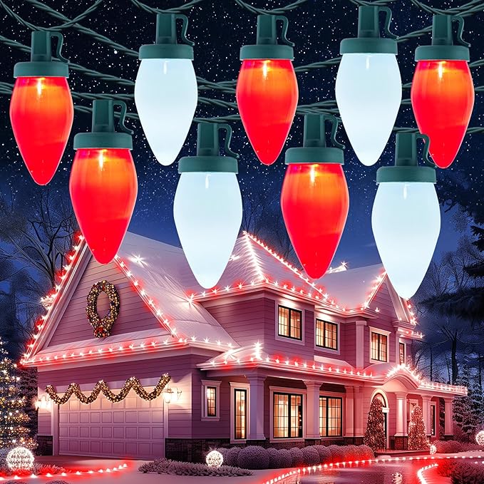 Moonflor C9 LED Christmas Lights Outdoor, 50 Feet 50 LED Strawberry String Lights with 50 Spring Clamps, Waterproof Commercial Grade Extendable for Indoor Outdoor,Red and Pure White
