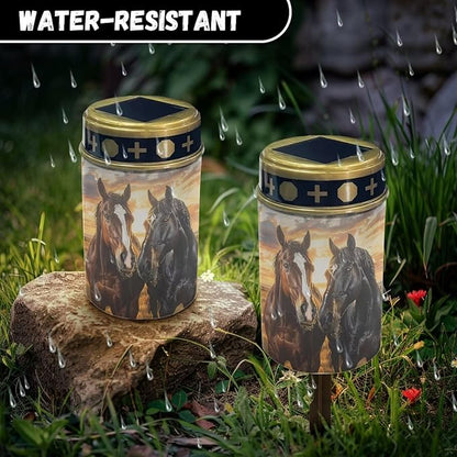 Horses Printed Outdoor Solar Garden Lights,Waterproof Solar Outdoor Lights,Solar Stake Lights for Cemetery Grave Garden Patio Yard Lawn Decoration