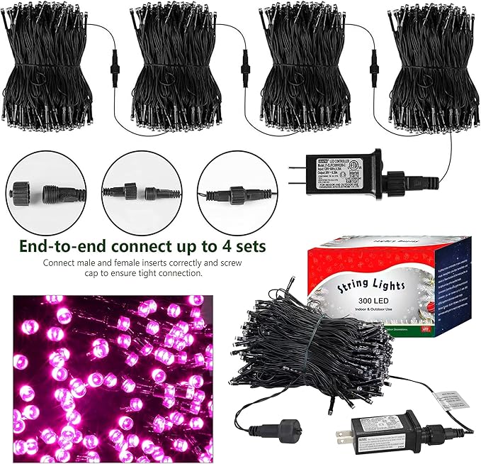 kemooie 300 LED Pink Valentine's Day Lights, 99 FT Connectable 8 Twinkle Modes String Lights with Memory Function, Waterproof Fairy Light for Outdoor Indoor Wedding Party Valentine's Day Decoration