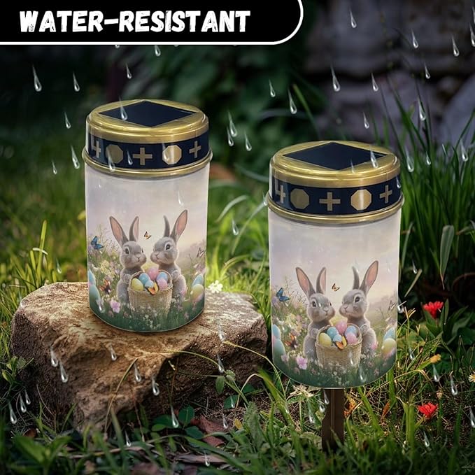 Easter Rabbit Eggs Solar Garden Lights Outdoor Decorative Solar Stake Lights-Waterproof Warm White LED for Remembrance Gifts Cemetery Grave