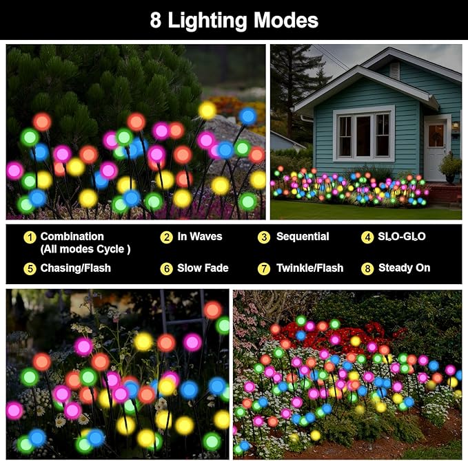Swaying Solar Firefly Lights Outdoor, 8 Modes RGB Color Changing Firefly Swaying Solar Garden Lights for Outside Christmas Yard Patio Pathway Plant Landscape Garden Decor Multicolor(2 Pack)