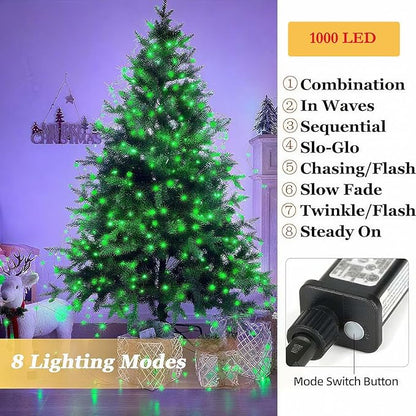 Tcamp 306FT 1000 LED Green Christmas Lights, 8 Modes Christmas Tree Lights with Timer Memory Function, Green Wire Starry Fairy String Light for Xmas Tree Outdoor Indoor Decor