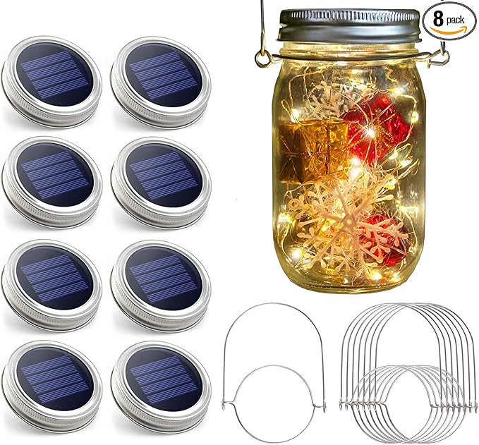 Urvoix Solar Mason Jar Lights - 8 Pack 30 LED Solar Fairy Lights Outdoor, Waterproof Mason Jar Lids Lights Solar | Lumora