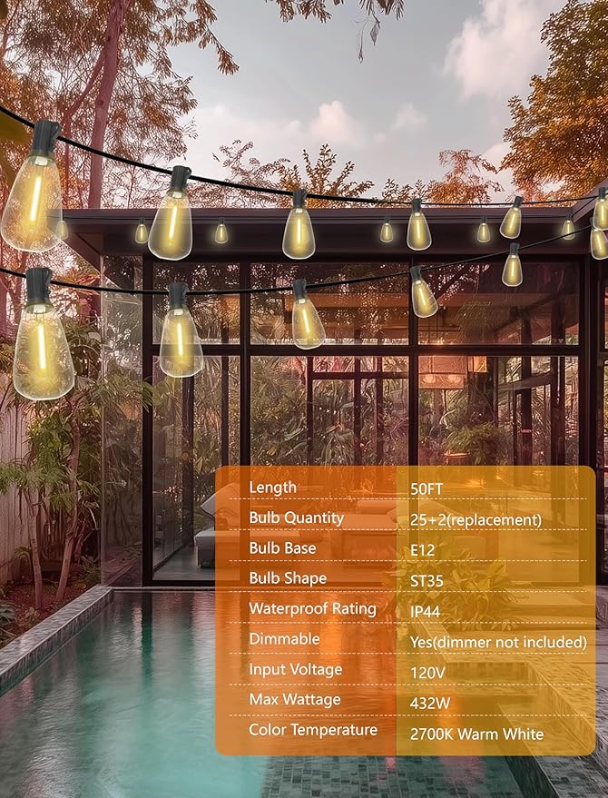 Outdoor String Lights 50FT Patio Lights with 25 Shatterproof, String Lights Outdoor Waterproof with ST35 LED Vintage Edison Bulbs, Hanging Light for Outside Backyard Garden