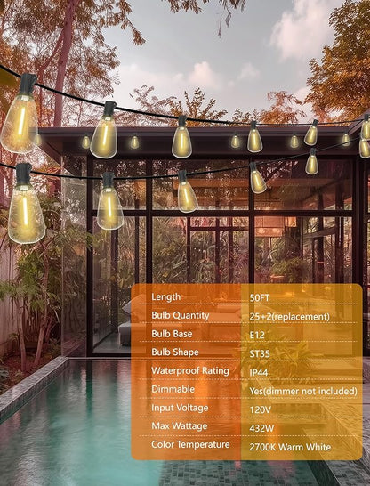 Outdoor String Lights 50FT Patio Lights with 25 Shatterproof, String Lights Outdoor Waterproof with ST35 LED Vintage Edison Bulbs, Hanging Light for Outside Backyard Garden