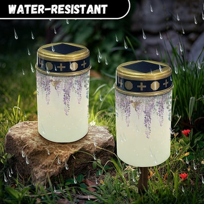 Cemetery Solar Lights for Grave,Outdoor Waterproof Solar Pathway Lights LED Solar Lantern Landscape Lighting Solar Stake Lights,Wall Light Auto On/Off,Purple Lavender