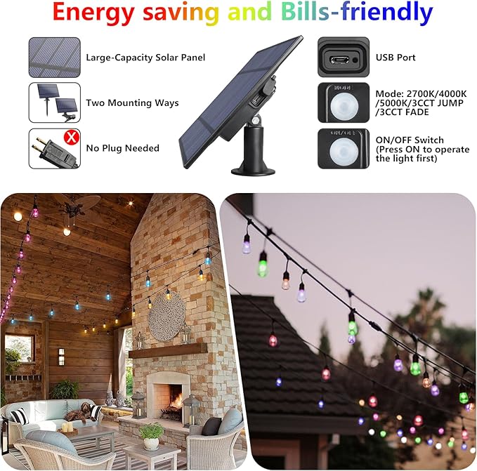 2-Pack 48FT Solar Outdoor RGB String Light, Dimmable Patio String Lights with Shatterproof Edison Bulbs, Remote, Commercial Solar String Lights for Cafe, Patio, Yard, Party