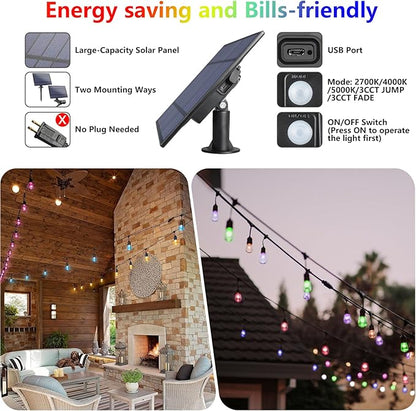 2-Pack 48FT Solar Outdoor RGB String Light, Dimmable Patio String Lights with Shatterproof Edison Bulbs, Remote, Commercial Solar String Lights for Cafe, Patio, Yard, Party