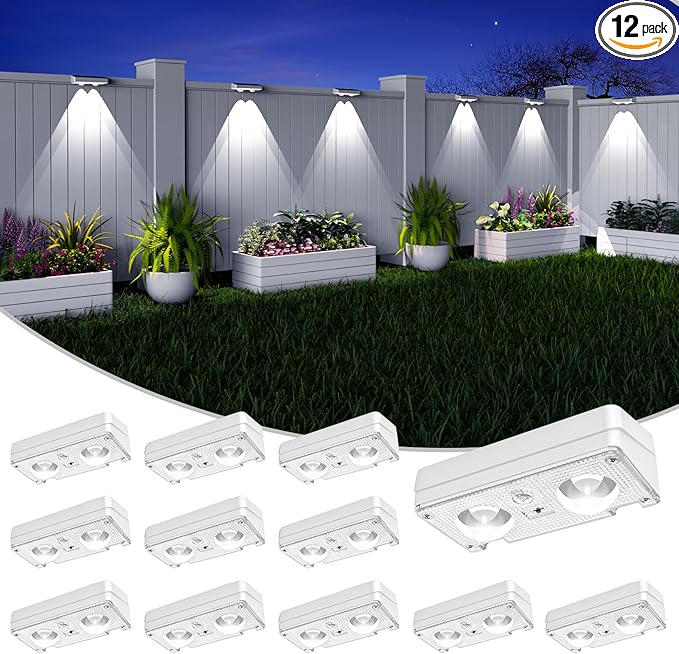 Solar Fence Lights Outdoor Waterproof, 80 Lumens Solar Lights for Fence with Warm White & RGB 8 Colors,Outdoor Solar Light for Deck, Patio, Backyard, Fence, Railing (12-Pack-White)