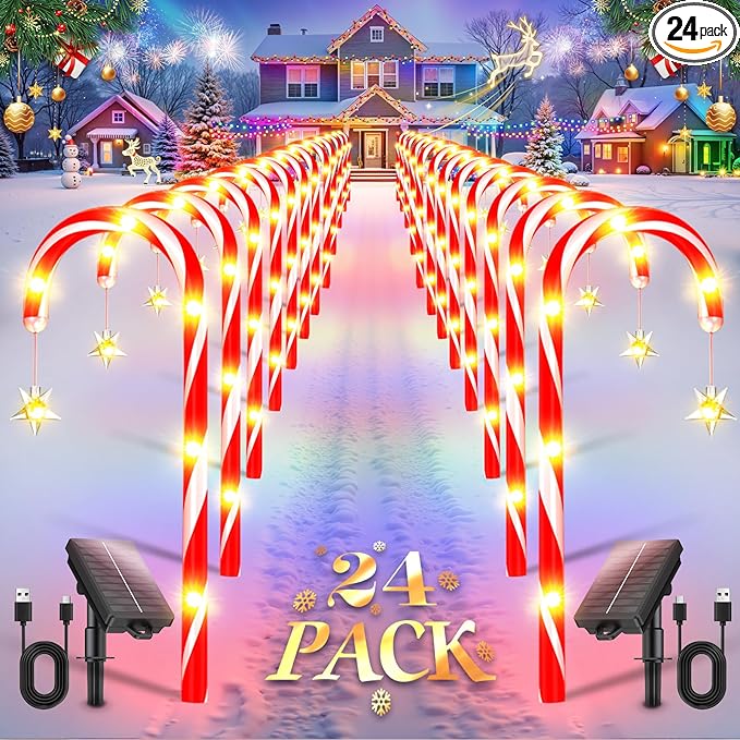 E-Kong 24 Pack Solar Candy Cane Lights Outdoor Christmas Decorations, 10 Modes, 12 Hours Bright Lighting Christmas Decorations Outdoor, Solar Pathway Lights Waterproof for Yard Patio Garden
