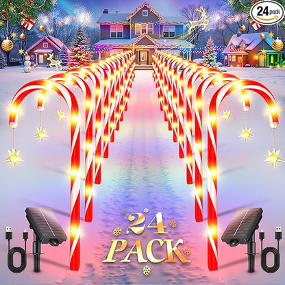 E-Kong 24 Pack Solar Candy Cane Lights Outdoor Christmas Decorations, 10 Modes, 12 Hours Bright Lighting Christmas Decorations Outdoor, Solar Pathway Lights Waterproof for Yard Patio Garden