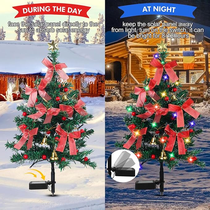 Solar Christmas Trees Decorations, 2 Pack Solar Powered Xmas Tree Lights, Pathway Lights with Multi-Color Lights | Lumora