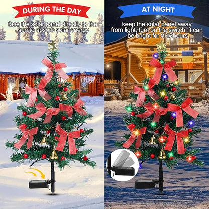 Solar Christmas Trees Decorations, 2 Pack Solar Powered Xmas Tree Lights, Pathway Lights with Multi-Color Lights Waterproof for Outside Garden Yard Lawn House Front Porch Door(Green)