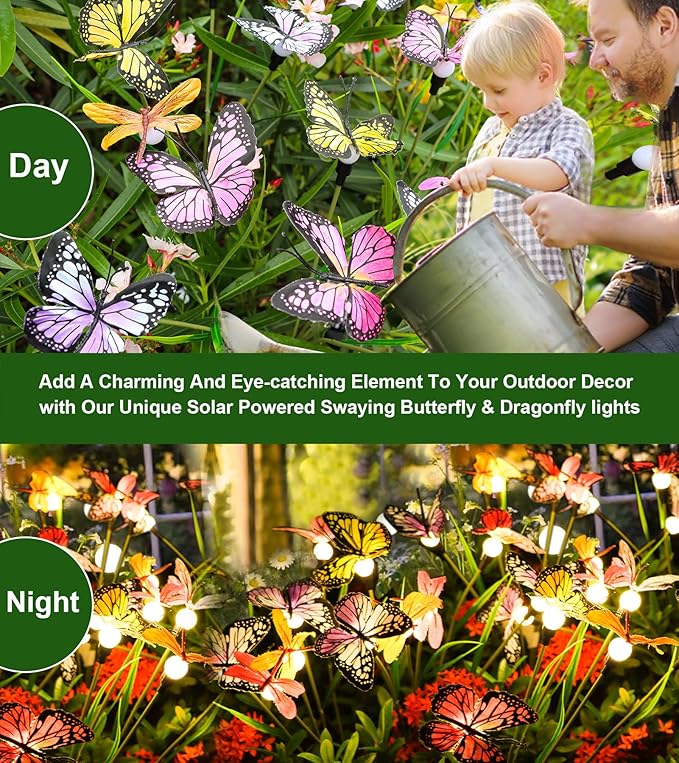 Aiscool Solar Garden Lights, 4 Pack Swaying in The Wind Outdoor Butterfly Stakes Swaying Dance Outside Yard Lawn Patio Pool Decorative Solar Powered Pathway Summer Decoration, IP65 Waterproof