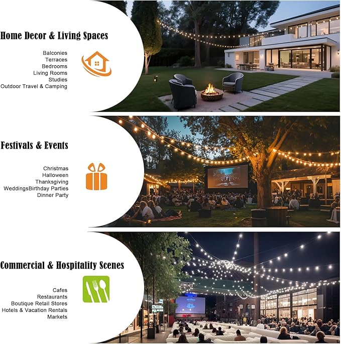 G40 LED Globe Outdoor String Lights 25FT, Waterproof & Shatterproof with 25 Clear Plastic Bulbs (2 Spare), for Cafe Bistro Porch Garden Balcony Party Decor (Warm White-White, 25FT)