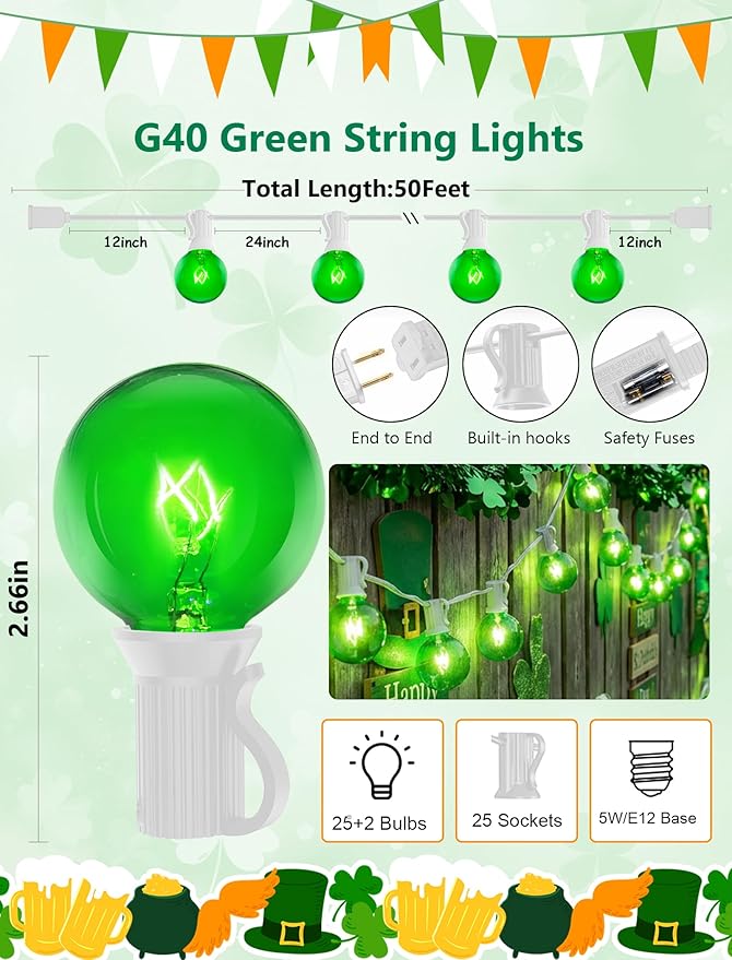 50Ft St. Patrick's Day G40 Outdoor String Lights, G40 Globe Patio String Lights Waterproof with 27 Green Incandescent Bulbs, Connectable Hanging Light for Backyard Porch Balcony St Patricks Day Decor