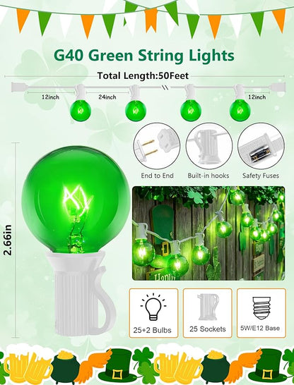 50Ft St. Patrick's Day G40 Outdoor String Lights, G40 Globe Patio String Lights Waterproof with 27 Green Incandescent Bulbs, Connectable Hanging Light for Backyard Porch Balcony St Patricks Day Decor