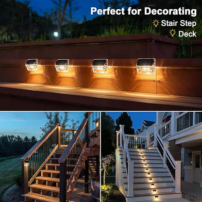 Solar Outdoor Lights, 8 Pack Solar Fence Deck Lights, Waterproof Outside Lighting for Step Railing Wall Pool Stair Yard Garden Patio Pool Decorations (Warm White)
