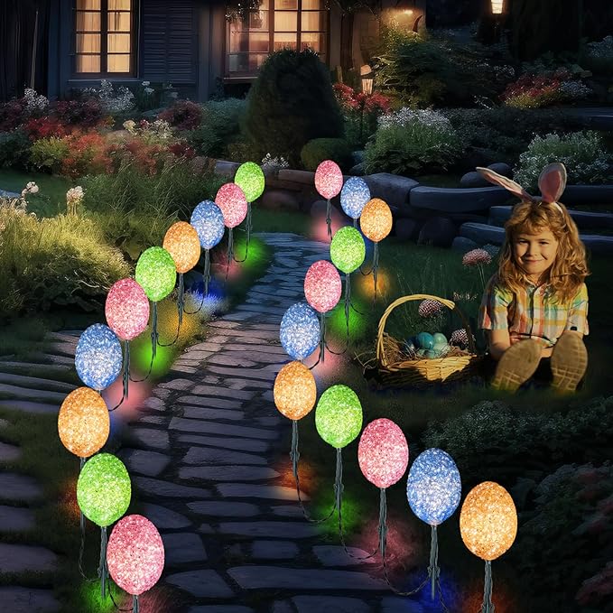 Enhon Solar Easter Egg Lights with Stake, 25FT 20LED Easter Egg Pathway Lights for Easter Outdoor Decorations, 8 Lighting Modes Pastel Easter Egg Lights Easter Stake Lights for Yard Garden Path Lawn