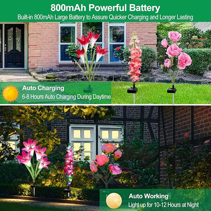 Solar Garden Lights Waterproof, 3 Pack Solar Flowers Lights Includes Lily Rose Delphinium, Gardening Gifts for Mom Grandma Women, 7-Color Changing Outdoor Decor for Garden Yard Patio Lawn