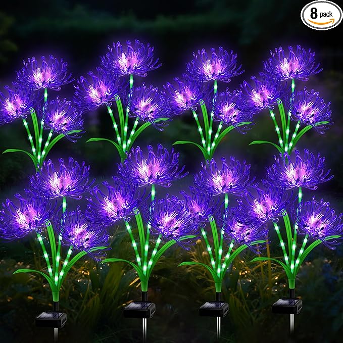 Solar Garden Flower Lights Outdoor, 8 Pack Purple Spider Lily Solar Lights with Glowing Stems, IP65 Waterproof LED Yard Decor for Patio Lawn Pathway, for Women Mom Grandma