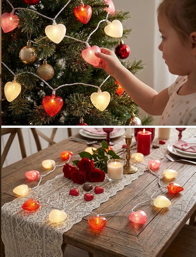 Valentines Day Heart String Lights Plug in, 8.5Ft Indoor Outdoor Valentine's Day Decorations String Lights with 10 LED Red Pink and White Heart Lights for Wedding Party Window Christmas Birthday Decor