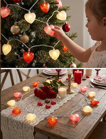 Valentines Day Heart String Lights Plug in, 8.5Ft Indoor Outdoor Valentine's Day Decorations String Lights with 10 LED Red Pink and White Heart Lights for Wedding Party Window Christmas Birthday Decor