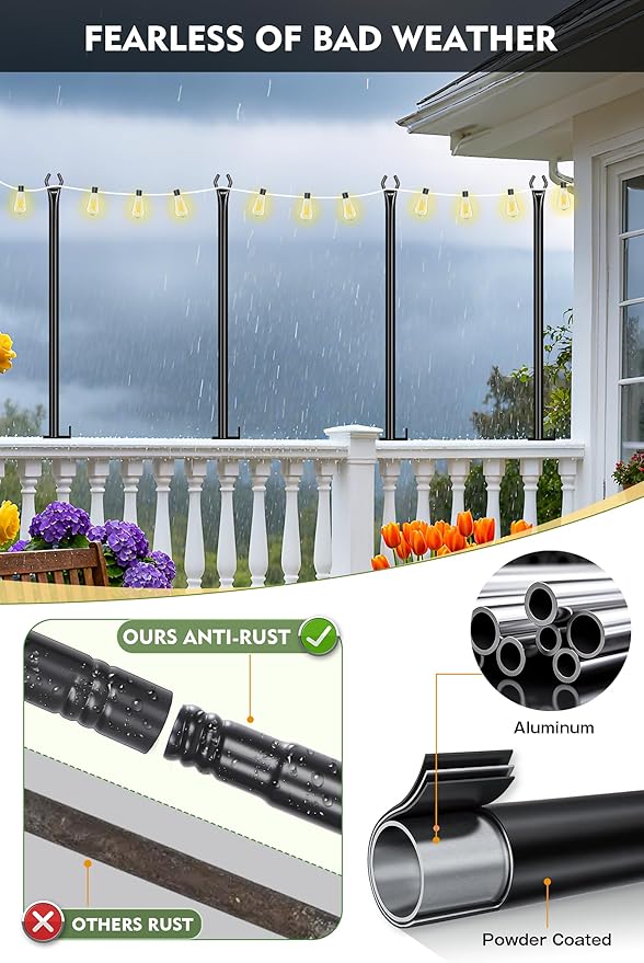 FEED GARDEN 5 Ft String Light Poles with Fence Brackets, Black Metal, 4 Pack, for Outdoor Deck Patio Backyard | Lumora