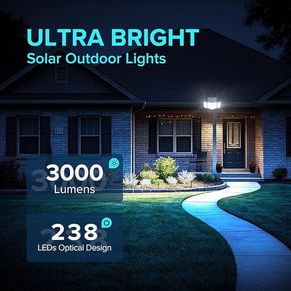 JJX Solar Outdoor Lights 3000LM 238 LED, 1 Pack 3-Head Motion Sensor Outdoor Lights, 6500K IP65 Waterproof 3 Lighting Modes Solar Security Light for Yard Garden Driveway with Remote Control