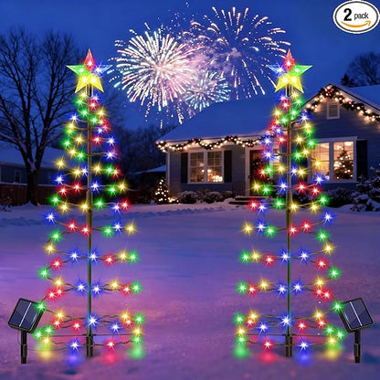 24" Spiral Solar Christmas Tree Outdoor Decorations 2 Pack - Upgrade 80 LEDs Multicolor Solar Christmas Lights with 8 Lighting Modes, Waterproof Pre-lit Xmas Tree for Pathway Garden Patio Yard