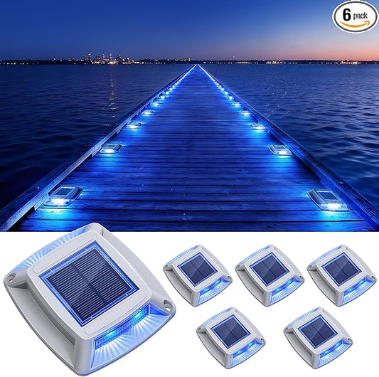Solar Driveway Lights Outdoor 6 Pack, IP68 Waterproof Solar Powered Driveway Marker Deck Dock Lights for Steps Pathway Walkway Sidewalk Garden Yard Stair Marine (Blue)