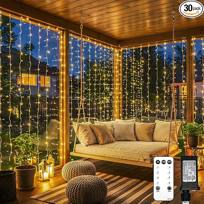 suddus 900 LED Christmas String Lights Outdoor, 9.8x29.5ft Curtain Lights Plug in with Remote,Wall Hanging Lights for Christmas,Dorm,Wall,Window,Wedding,Party,Birthday Decor,Warm White