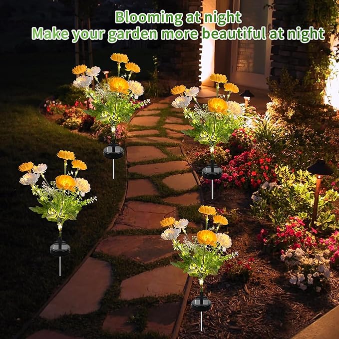 Solar Garden Snow Lotus Lights, 3-Pack 21 Flowers, Waterproof Auto On/Off Pathway Lights for Yard, Walkway, Patio & Cemetery Decor in Yellow