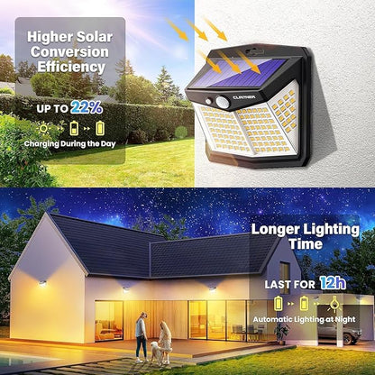 CLAONER Solar Motion Sensor Lights Outdoor, 12 Pack Solar Fence Lights IP65 Waterproof, Bright 128 LED Security Flood Lights with 270°Wide Angle, 3 Lighting Modes Motion Light for Outside, Warm White