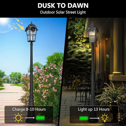 Emliviar 85.4" Black Solar Powered Street Light Fixture for Pathway with Remote Control, Dusk to Dawn Waterproof Pole Lamp with LED Bulb, Post Lighting with Water Grain Glass Shade, YXE302MPL-SL BK