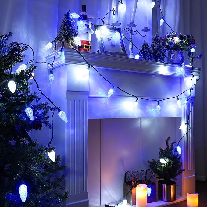 Brizled Blue & White 33ft 50 LED Faceted Outdoor Xmas Lights, Connectable, UL Certified Waterproof for Christmas Tree House Roof Party Decor