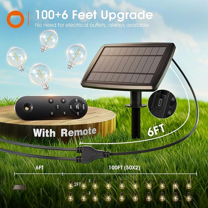 addlon 106FT(100+6) Solar String Lights with Remote, 54 Shatterproof G40 Bulbs, Commercial Grade Solar Powered Outdoor Light, Dimmable Waterproof Solar Lighting Outdoor for Garden Backyard Party Decor