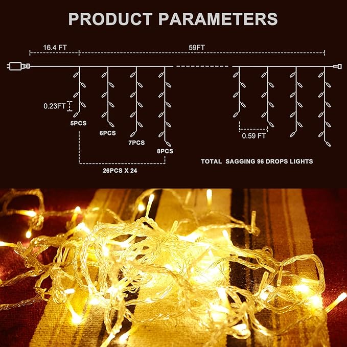 Icicle LED Christmas Lights Outdoor, 624 LED 59FT 8 Modes with 96 Drops Warm White Icicle Lights,Outdoor Indoor Fairy String Lights for Christmas Party,Holiday,Wedding Decorations