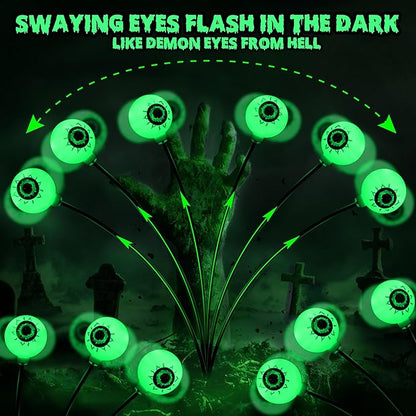 Brizled Solar Halloween Lights, 2 Pack Total 12 LED Green Halloween Eyeball Lights, 2 Modes Outdoor Green Eyeball Light, Swaying Outside Scary Pathway Light Waterproof for Garden Yard Lawn Path Decor