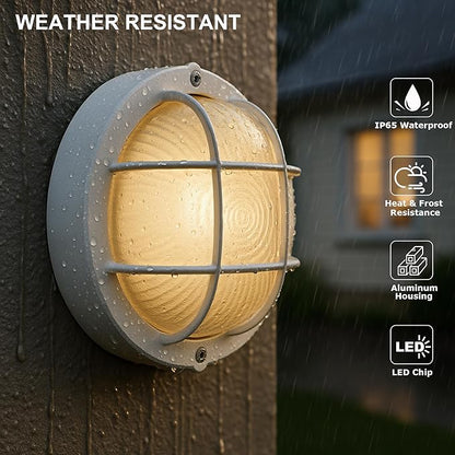 GRUENLICH 8'' Round LED Bulkhead Light Fixture, Outdoor Wall Lights Dimmable, Sauna & Exterior Lighting, ETL Rated, 15W 1500 Lumen, 3000K Warm White, White Cast Aluminum, Wall/Ceiling Mount, 1 Pack