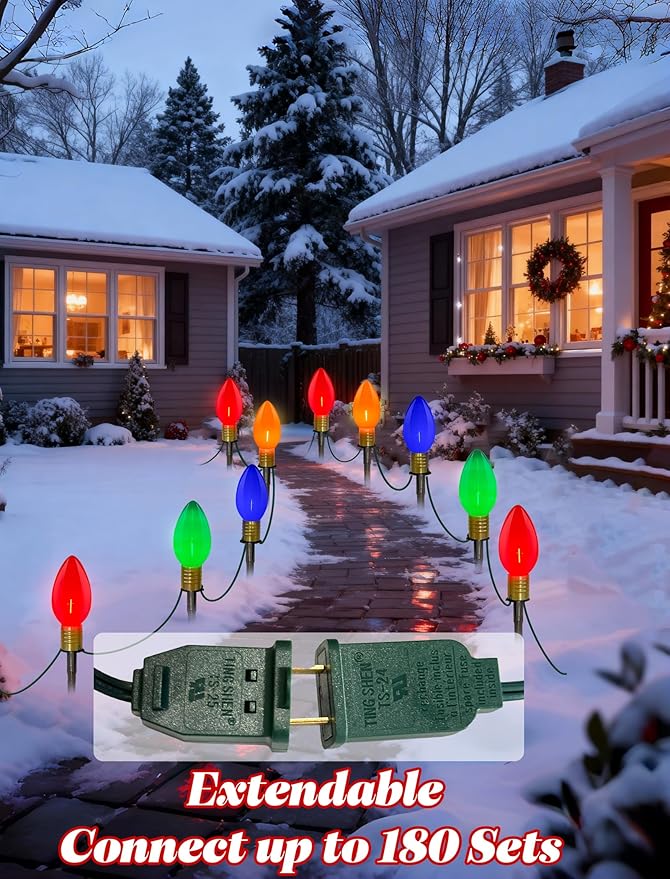C9 LED Pathway Lights 7Ft Christmas Pathway Lights, Multicolor Walkway Light Outdoor with 4 Marker Stakes Connectable Holiday Commercial Christmas Decoration UL Listed - Green Wire