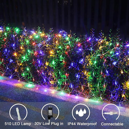 510 LED Christmas Net Lights, 28ft x 5ft Mesh Lights Outdoor Clear Wire 8 modes, Waterproof Connectable String Lights Plug in for Xmas Tree Bushes Garden Holiday Party Decorations - Multicolor