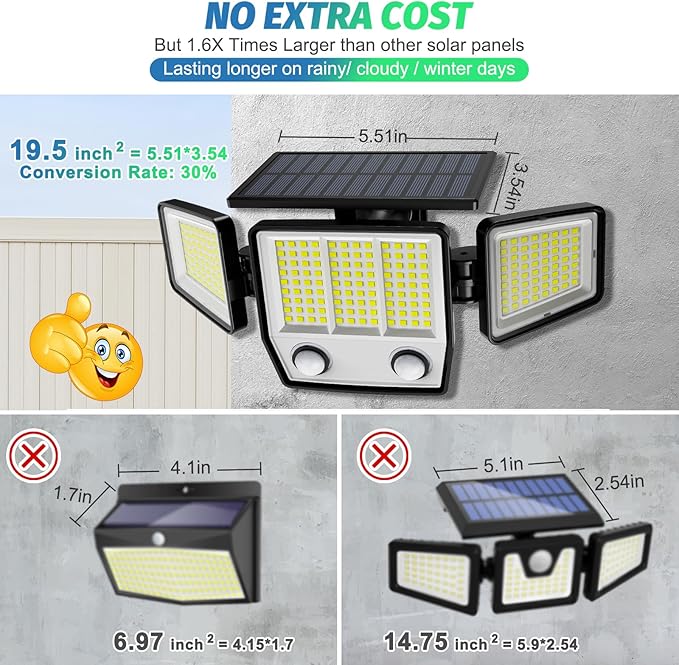 6500K Solar Outdoor Lights,3000LM 304 LED Motion Sensor Outdoor Lights, 3 Heads Security Light,IP67 Waterproof, 270°Flood Wall Light with 3 Modes for Backyard Yard,2 Pack