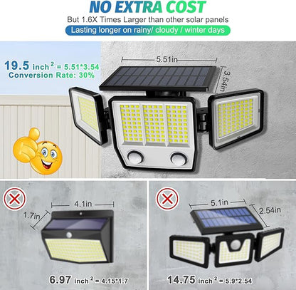 6500K Solar Outdoor Lights,3000LM 304 LED Motion Sensor Outdoor Lights, 3 Heads Security Light,IP67 Waterproof, 270°Flood Wall Light with 3 Modes for Backyard Yard,2 Pack