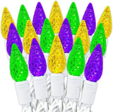 70 Light 24Ft Mardi Gras Lights Commercial String Lights C6 LED Strawberry Faceted Bulb – Yellow/Purple/Green | Lumora